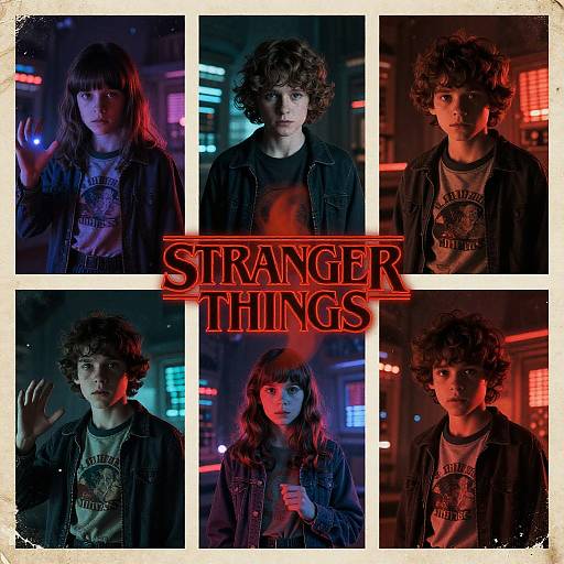 Photograph collage of five characters from 