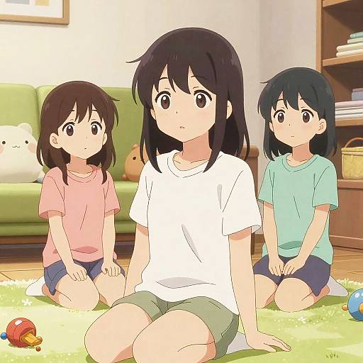 Anime-style digital illustration of three young girls with black hair, wearing casual clothes, sitting on a yellow rug in a bright, cozy living room.