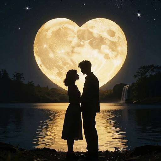 Silhouetted couple kissing under a large, glowing, heart-shaped full moon, reflected in a tranquil lake, with a waterfall in the background.