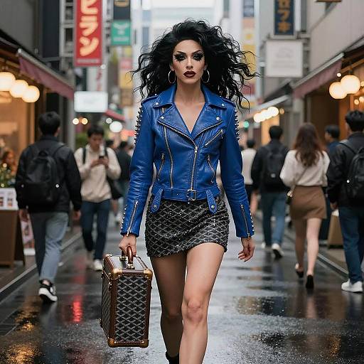Photograph of a confident, dark-haired woman in a blue leather jacket and sequined skirt, carrying a patterned suitcase, striding through a busy