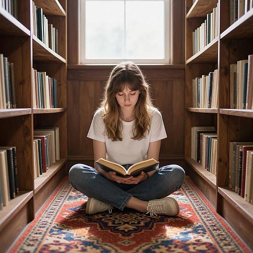 Photograph of a young woman with long brown hair, wearing a white t-shirt and jeans, sitting cross-legged on a patterned rug, reading a
