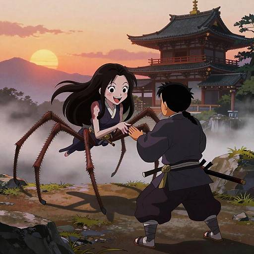 Digital anime-style illustration of a black-haired woman with spider legs fighting a black-haired samurai at sunset near a traditional Japanese temple.