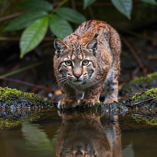 Photograph of a fierce, brown and black striped wildcat with piercing eyes, standing on mossy rocks, reflecting in a still, dark pond,