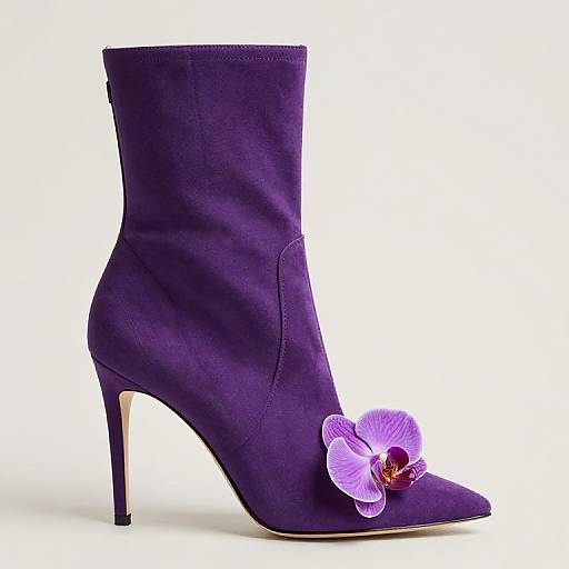 Photograph of a single, high-heeled, purple suede boot with a large, purple orchid flower on the toe, set against a white background