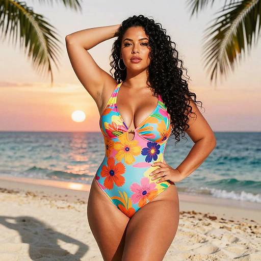 Photograph of a curvy, dark-haired woman in a colorful floral one-piece swimsuit, standing on a tropical beach at sunset with palm trees in