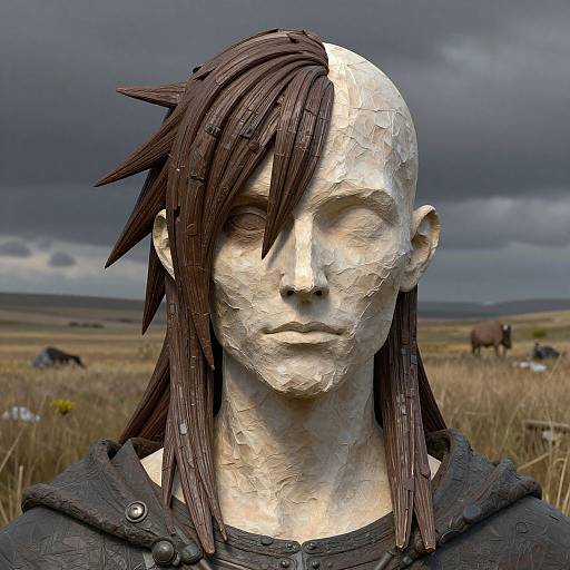 Photorealistic CGI of a textured, half-painted humanoid figure with dark brown hair, white left side, black right side, against a cloudy,