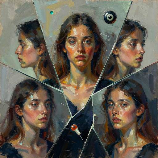 Digital painting of a young woman with brown hair, split into six fragmented portraits, each showing her from different angles, against a muted, textured background.
