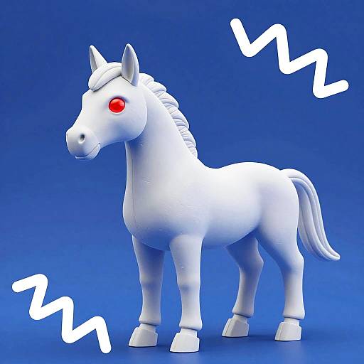 White Toy Horse with Red Eyes on Blue Background