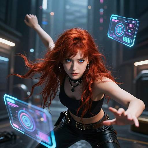 Digital artwork of a fierce, red-haired woman with glowing blue eyes, black crop top, and leather pants, wielding glowing holographic discs in a neon