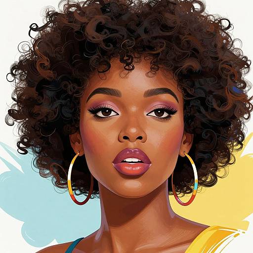 Digital portrait of a beautiful Black woman with dark curly hair, pink eyeshadow, purple lipstick, and large gold hoop earrings, set against a colorful