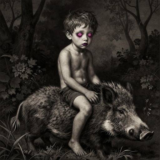 Digital art: Shirtless boy with glowing pink eyes sits on a wild boar in a dark, eerie forest; monochromatic with purple highlights.