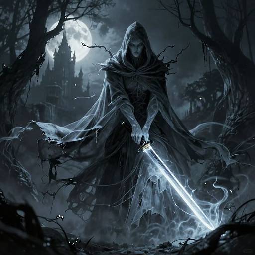 Digital art of a hooded, menacing figure wielding a glowing sword under a full moon, surrounded by dark, twisted trees and eerie fog.