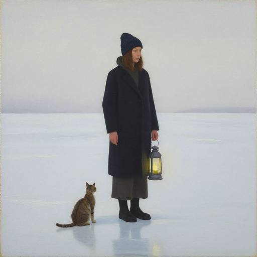 Photograph of a woman in a black coat and hat, holding a lantern, standing beside a sitting cat on a bright white, reflective surface.