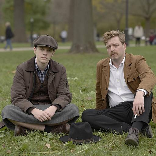 Two Men Sitting on Grass in Park