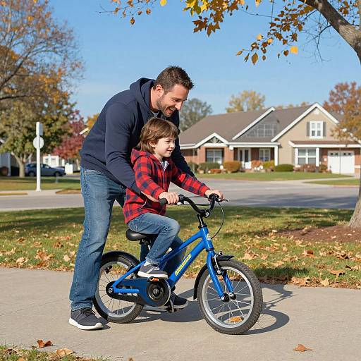 Father Teaching Son to Ride Bicycle in Autumn Park