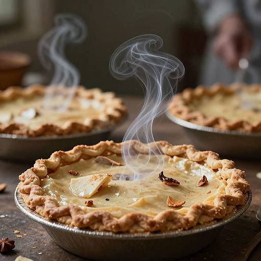 Photograph of three steaming apple pies with golden crusts and scattered apple pieces on a wooden table, slightly blurred background.