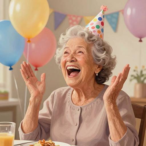 Photograph of an elderly woman with curly gray hair, wearing a polka-dot party hat, laughing joyfully with raised hands, surrounded by colorful balloons