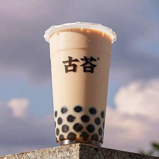 Photograph of a bubble tea cup with black bubbles, white foam, and Chinese characters, against a blue sky with clouds.