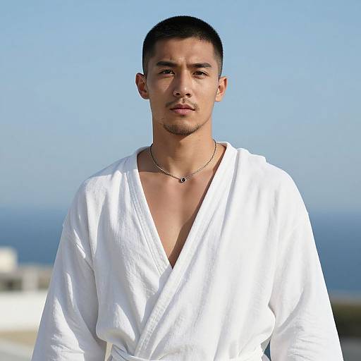 Photograph of a young man with short dark hair, light skin, and a trimmed beard, wearing a white V-neck robe and silver necklace, standing