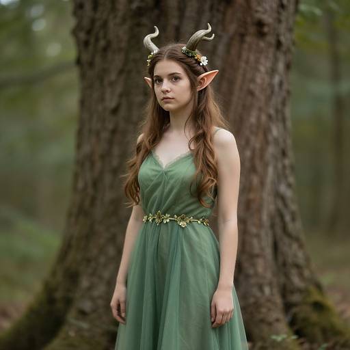 Photograph of a young, fair-skinned woman with long brown hair, elf ears, and green horns, wearing a green, flowy dress adorned