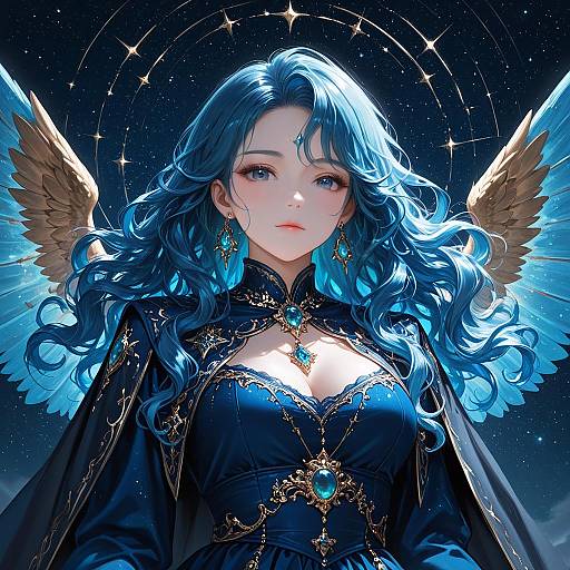 Blue-Haired Angelic Woman with Jewelry