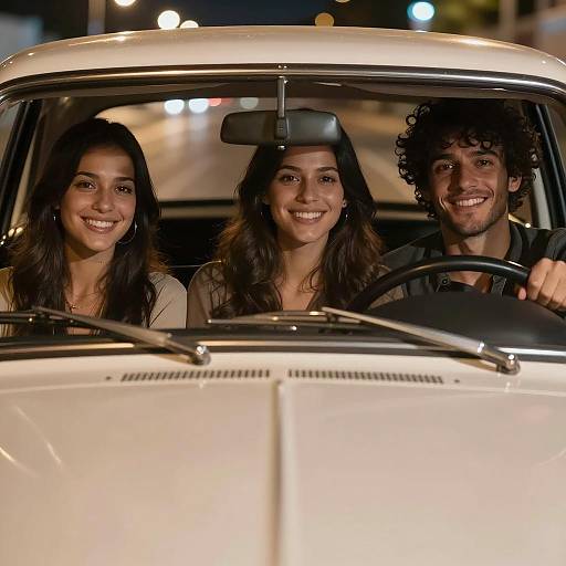 Smiling Trio in Vintage Night Drive