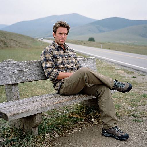 Photograph of a man with short brown hair, wearing a plaid shirt and beige pants, sitting on a wooden bench by a mountain road. Over