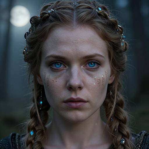 Photorealistic digital portrait of a young woman with blue eyes, braided brown hair adorned with blue and silver beads, glowing tattoos on her cheeks,