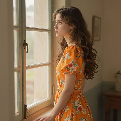 Photograph of a young woman with long, wavy brown hair, wearing an orange floral dress, gazing out a sunlit window.