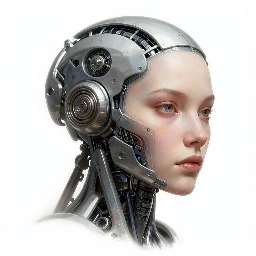 Digital artwork of a cybernetic woman with pale skin, blue eyes, and metallic headgear featuring intricate mechanical parts and sensors.