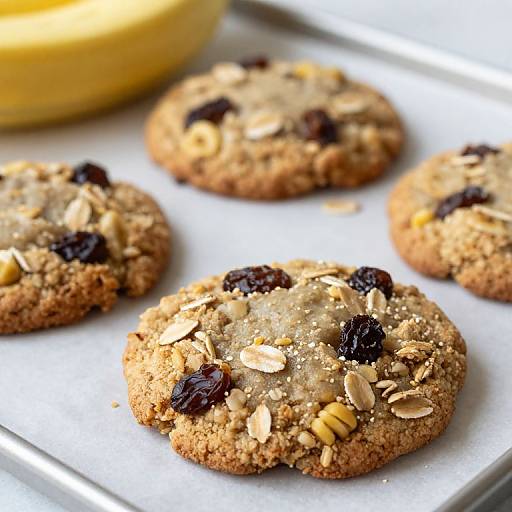 Photograph of five oatmeal raisin cookies with scattered nuts, dark raisins, on a white parchment paper tray with a yellow bowl in the blurred