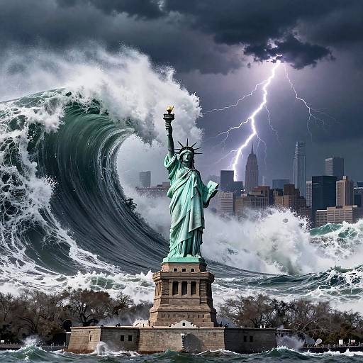 Photograph-like digital artwork of the Statue of Liberty standing amidst a towering, lightning-struck wave, with New York City's skyline in the background.