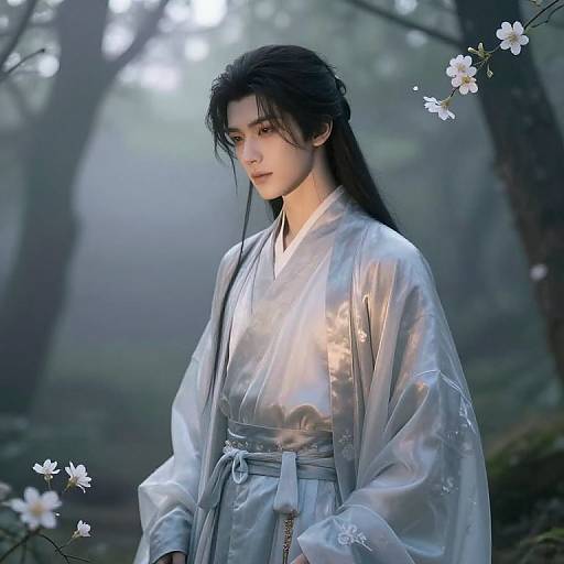 Digital painting of a young, pale-skinned woman with long black hair in a silver, translucent kimono, standing in a misty forest with white