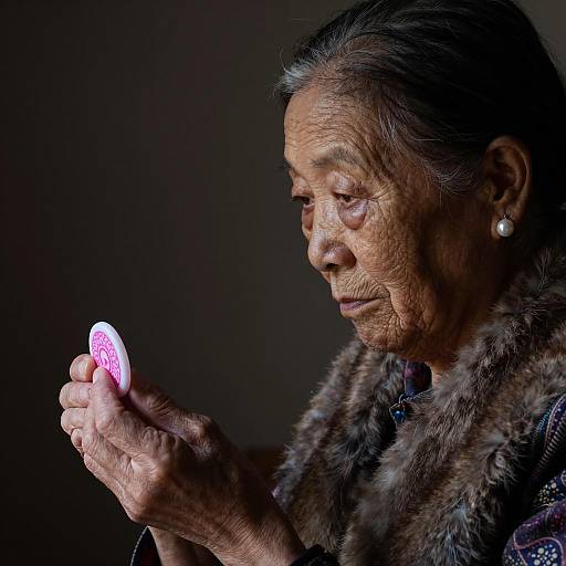 Elderly Woman with Intriguing Object in Low Light