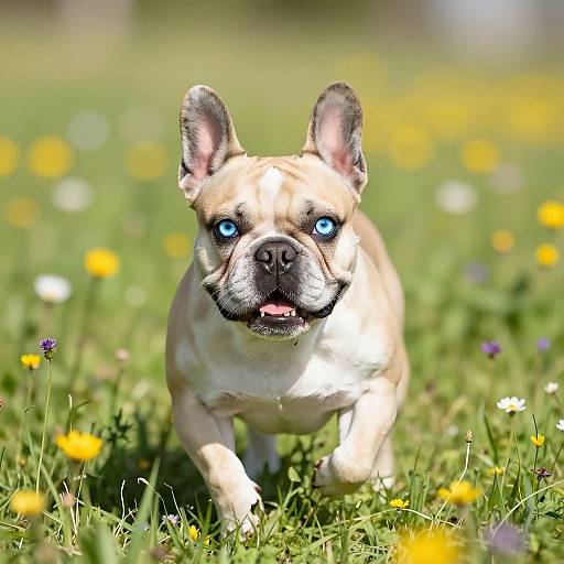 Photograph of a cream-colored French Bulldog with bright blue eyes, running through a sunny field of yellow and white flowers.