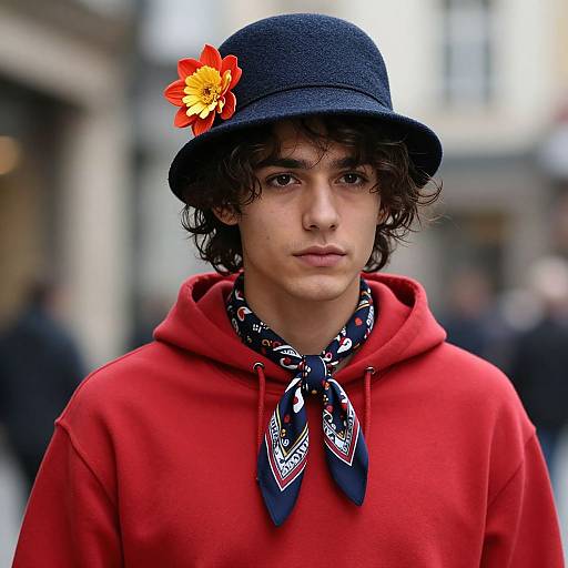 Photograph of a young man with curly hair, wearing a black hat with a red flower, red hoodie, and patterned neckerchief, standing