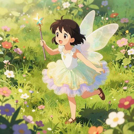 Anime-style drawing of a cute fairy girl with short black hair, white dress, and translucent wings, happily running through a sunlit, colorful flower field