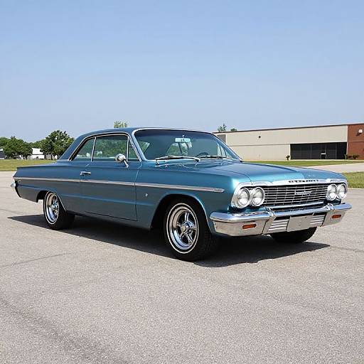 Photograph of a blue 1960s Chevrolet Impala with chrome wheels and headlights, parked on a sunny, empty asphalt lot. Background includes a