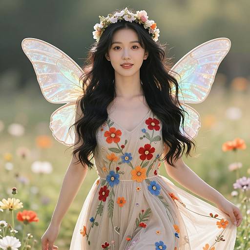 Photograph of an Asian woman with long black hair, wearing a floral dress, flower crown, and fairy wings, standing in a vibrant meadow.