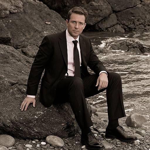 Photograph of a serious, fair-skinned man in a black suit, white shirt, and black tie, sitting on a rocky shore with waves in