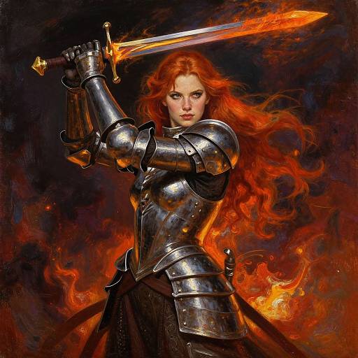 Digital painting of a fierce red-haired warrior woman in shiny silver armor, wielding a flaming sword, set against a dark, fiery background.