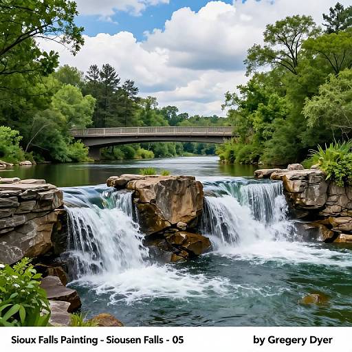 Photograph of a lush, green river scene with a waterfall, rocks, and a wooden bridge in the background. By Greger Dyre.