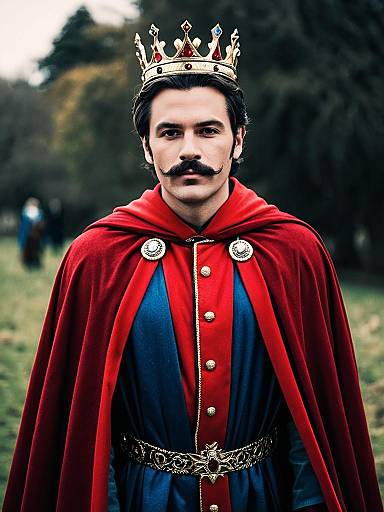 Photograph of a man with dark hair, mustache, wearing a silver crown, red cape, blue shirt, and ornate belt, standing outdoors