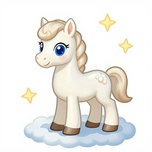 Cute cartoon white pony with blue eyes, blonde mane and tail, brown hooves, standing on a blue cloud with two yellow stars. Digital art