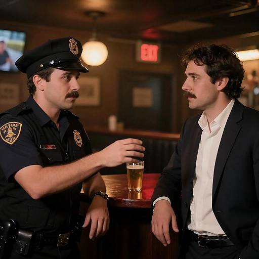 Dimly Lit Bar: Two Men Reaching