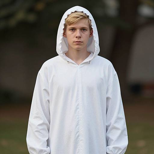Photograph of a young blonde boy with fair skin wearing a white hoodie with the hood up, standing outdoors against a blurred dark background.