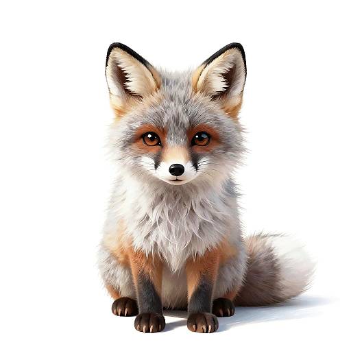 Digital illustration of a cute, fluffy fox with orange, white, and black fur, large expressive brown eyes, and erect ears, sitting against a plain