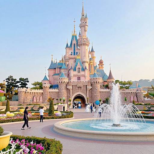 Photograph of Disney's Cinderella Castle with a large central fountain, people walking, and colorful flower beds in the foreground.