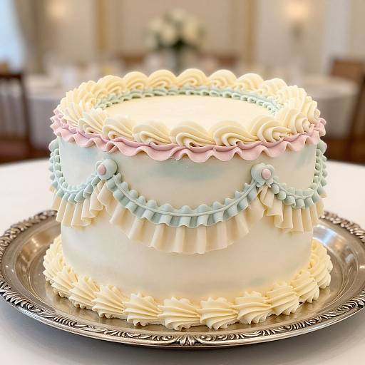 Photograph of a two-tiered wedding cake with white and pale pink ruffled icing, mint-green pearl-like decorations, and a silver ornate plate