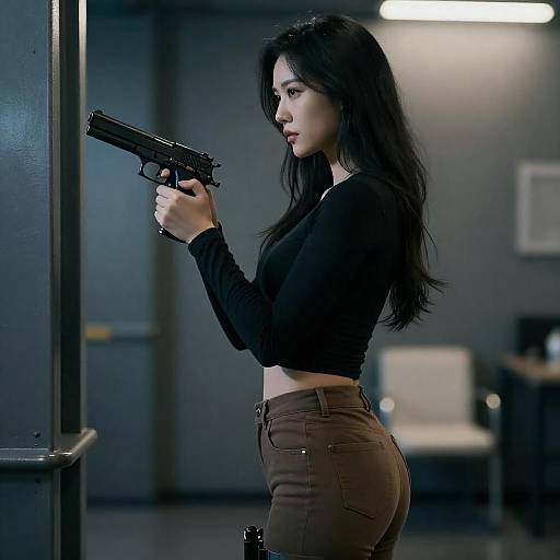 Woman Holding Gun in Industrial Setting